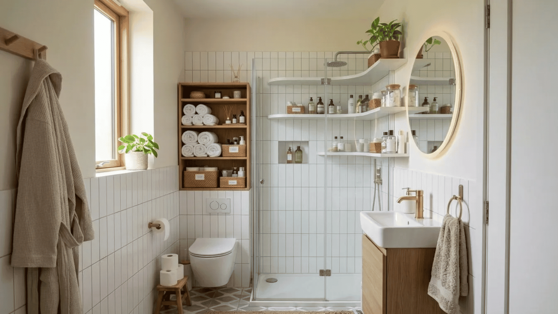 Minimal apartment bathroom with clean white tiles, natural wood accents, open shelving, and soft neutral styling that keeps the space bright and organized.