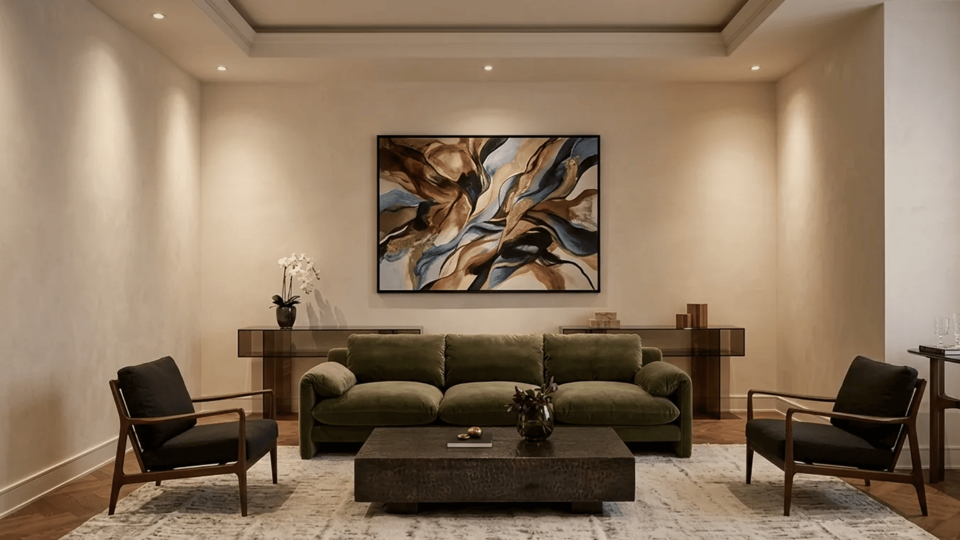 Minimal modern contemporary living room with olive sofa, wooden coffee table, and warm neutral decor.