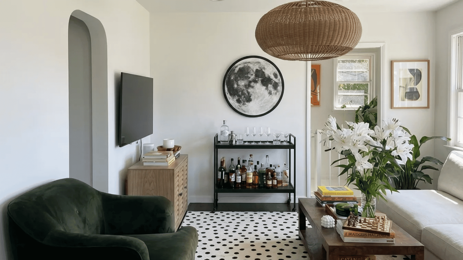 Modern apartment living room with clean white walls, natural textures, cozy furniture, and layered décor that creates a bright and relaxed atmosphere.