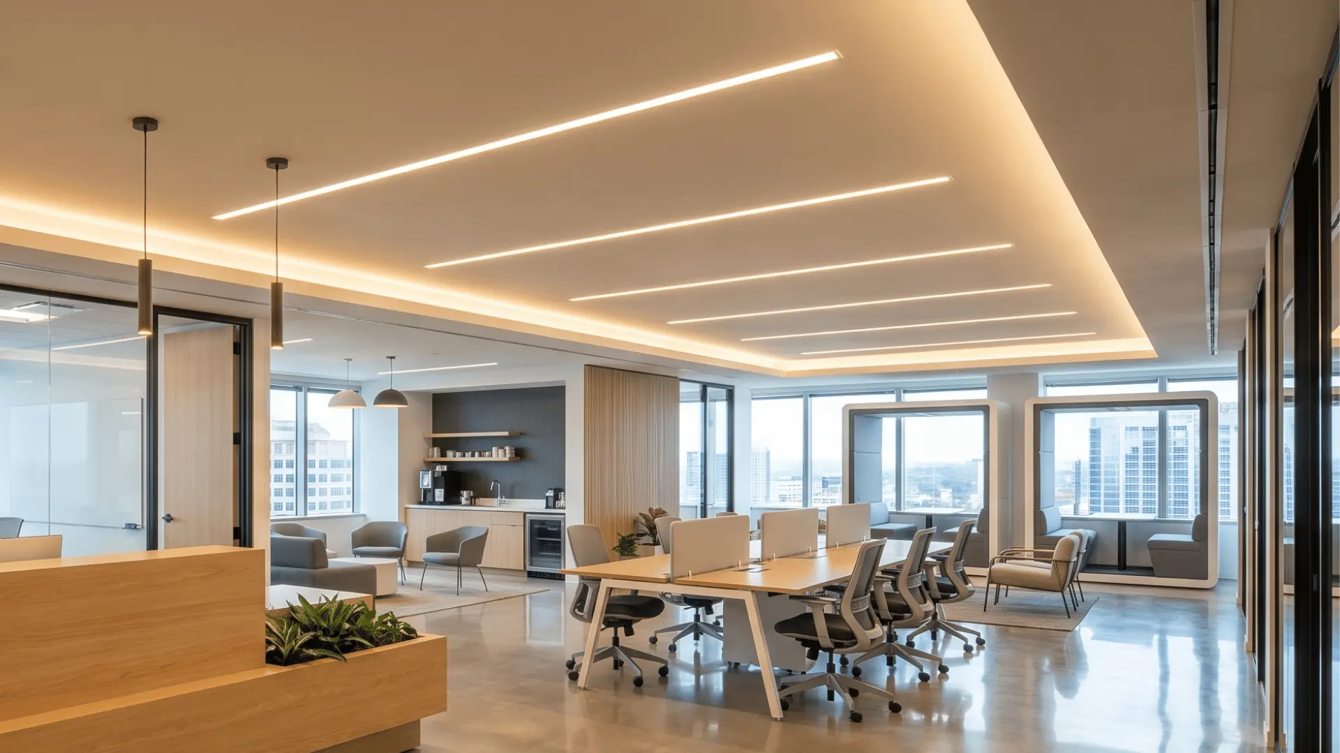 Modern commercial interior with reception desk, seating, ceiling lighting, and open layout.