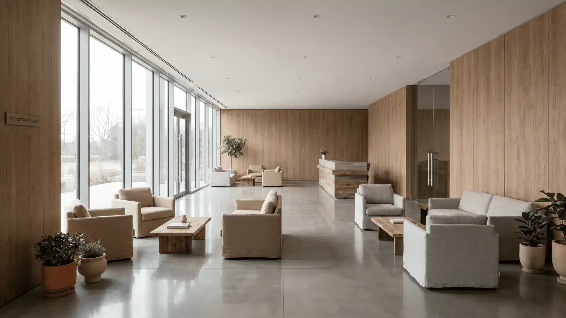 Modern commercial interior with wood panels, concrete flooring, and large natural light windows.