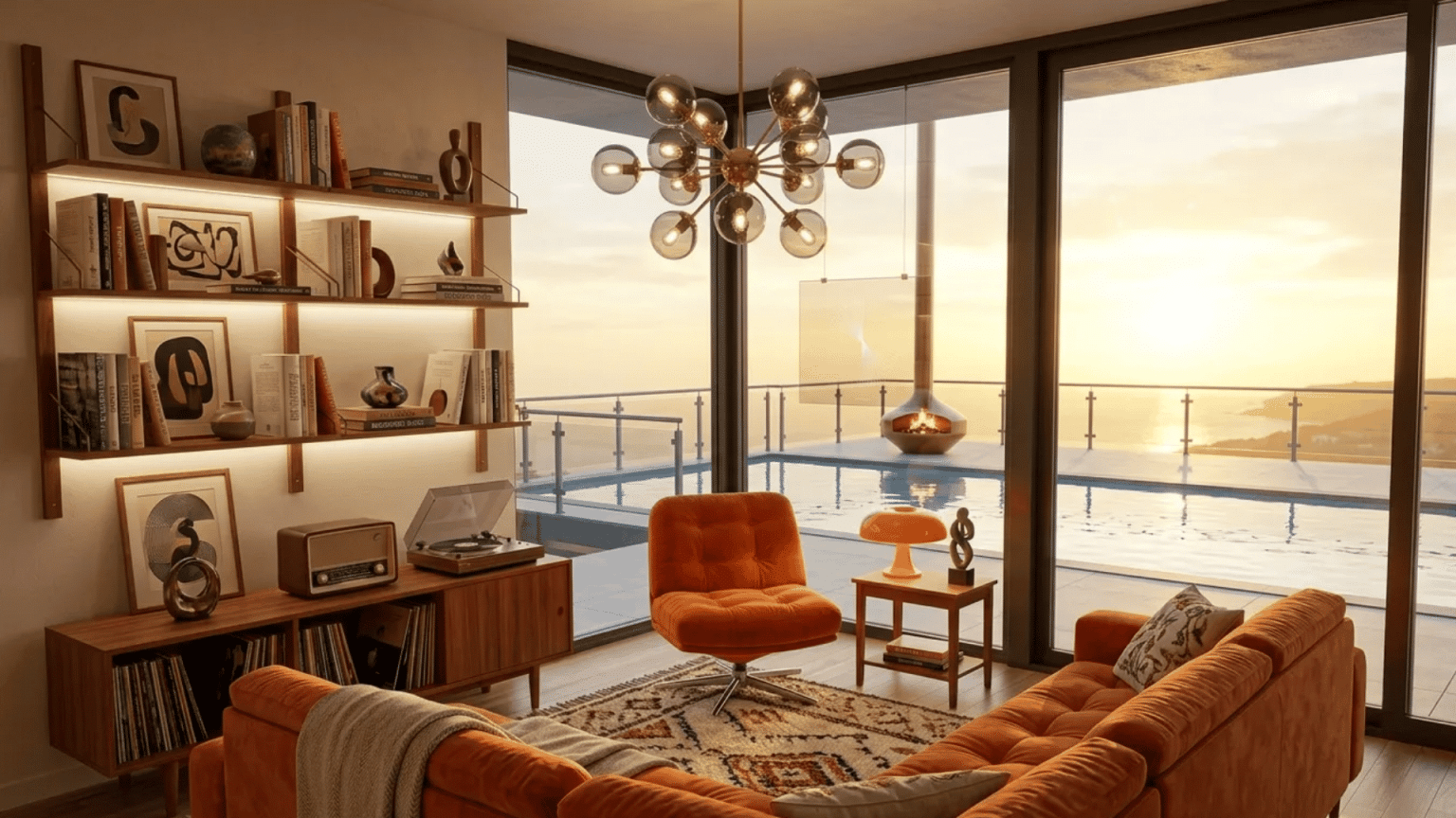Modern living room with warm ambient lighting, burnt orange seating, floating shelves, and mid-century decor overlooking a poolside sunset view through floor-to-ceiling windows.