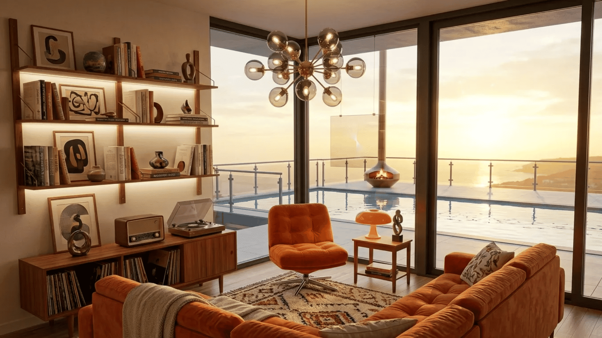 Modern living room with warm ambient lighting, burnt orange seating, floating shelves, and mid-century decor overlooking a poolside sunset view through floor-to-ceiling windows.