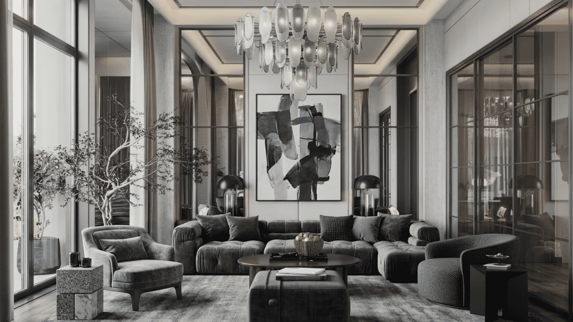 Modern monochrome living room with balanced harmony, strong scale and proportion, plush seating, abstract wall art, mirrored panels, and a statement chandelier.