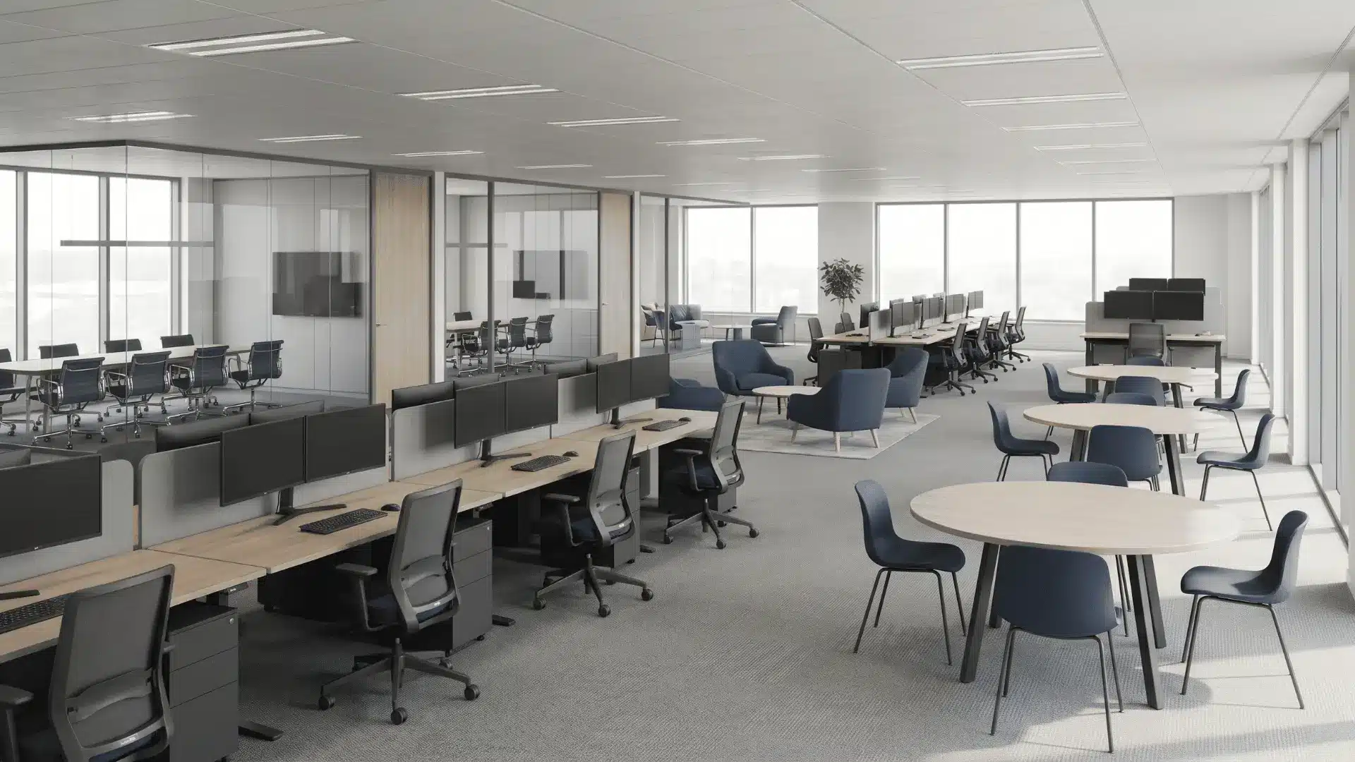 Modern office interior with workstations, meeting rooms, and collaborative seating areas.