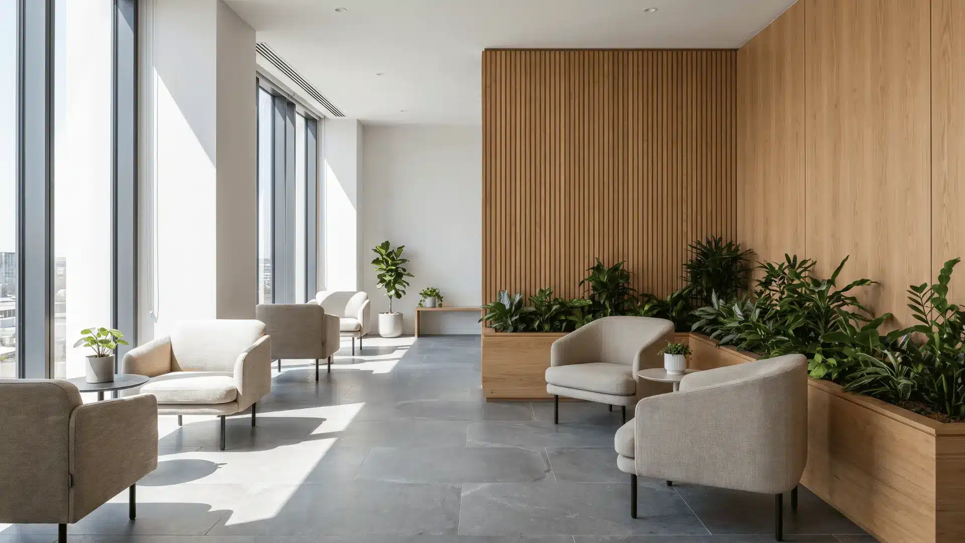 Modern office lounge with indoor plants, oak wood panels, and large daylight windows.