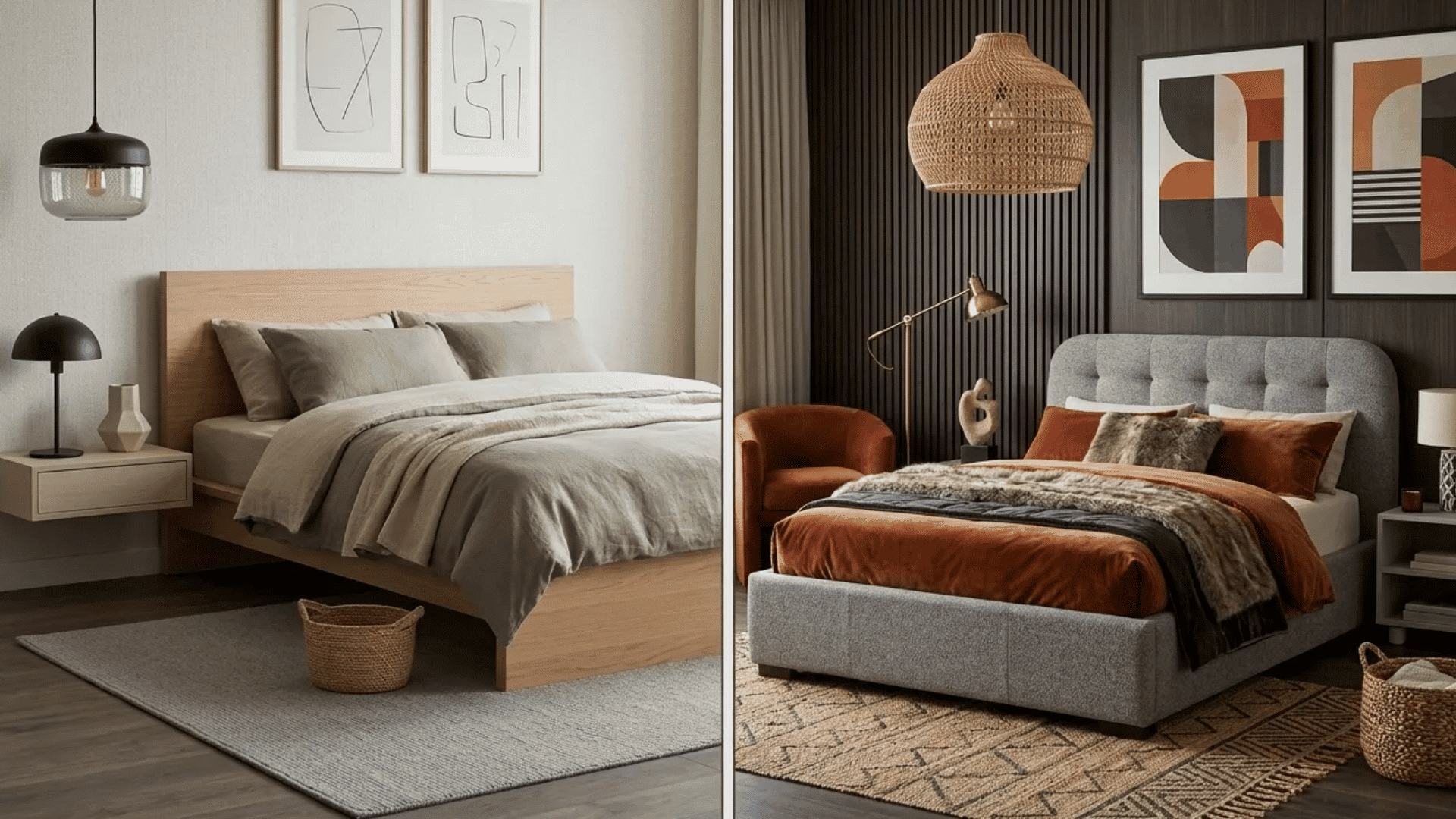 Modern vs contemporary bedroom comparison featuring clean minimalist styling and layered statement decor.