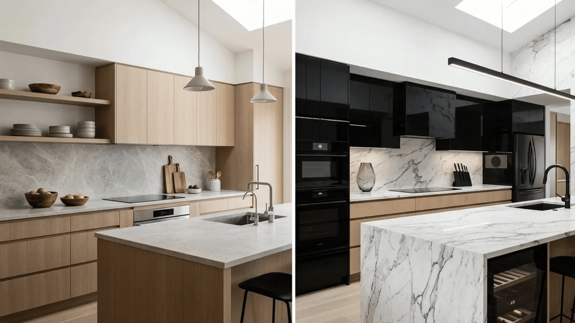 Modern vs contemporary kitchen design comparison with warm wood minimalism and sleek high-contrast finishes.