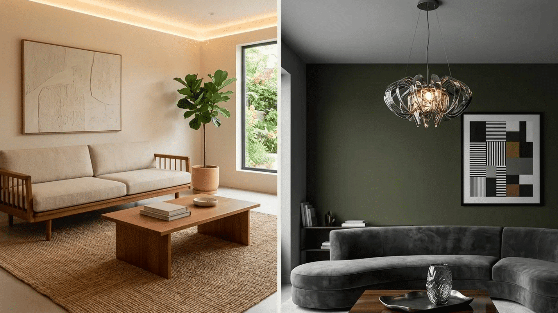 Modern vs contemporary living room comparison featuring warm wood minimalism and bold sculptural styling.