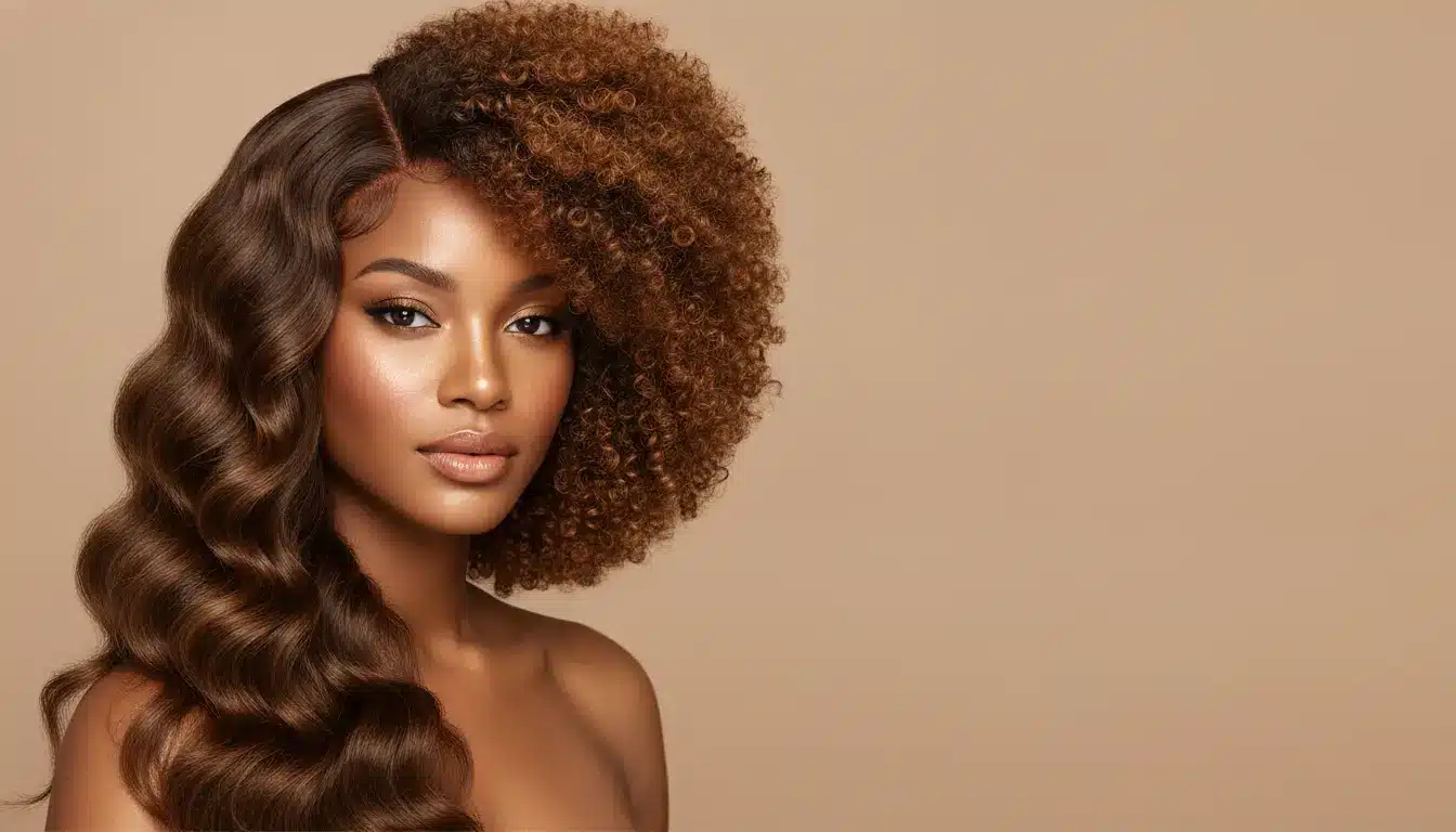 Close-up of woman with half curly, half wavy hairstyle against beige background