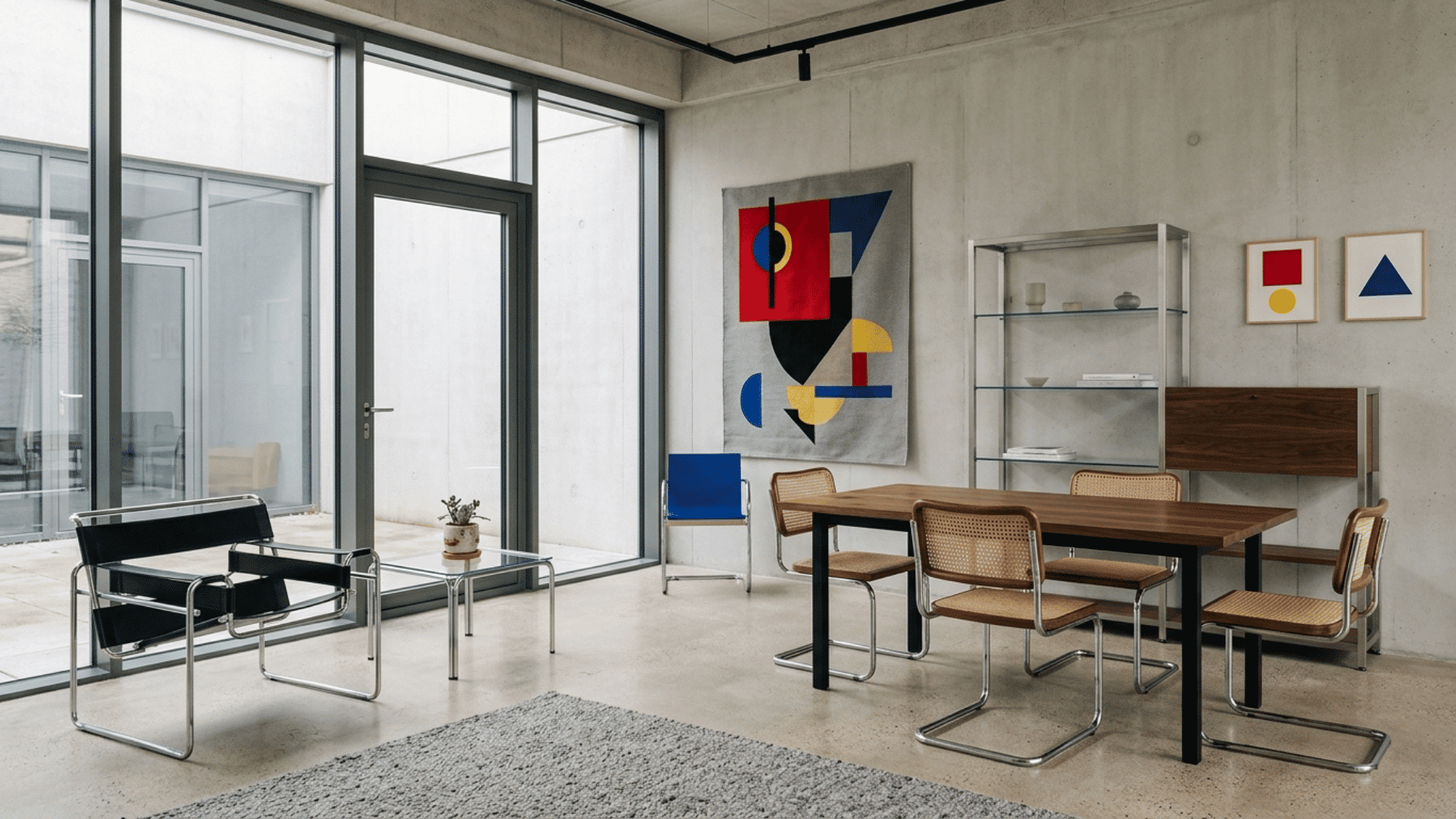 Bauhaus room combining steel, glass, and wood with neutral tones and primary color accents