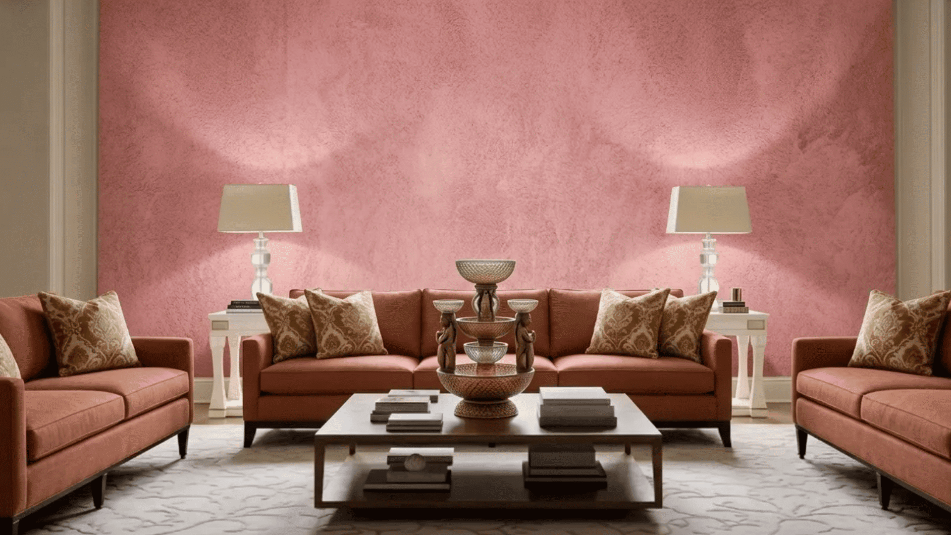 Pink textured wall with coral sofas, patterned pillows, lamps, and a dark wood coffee table in a balanced living room.