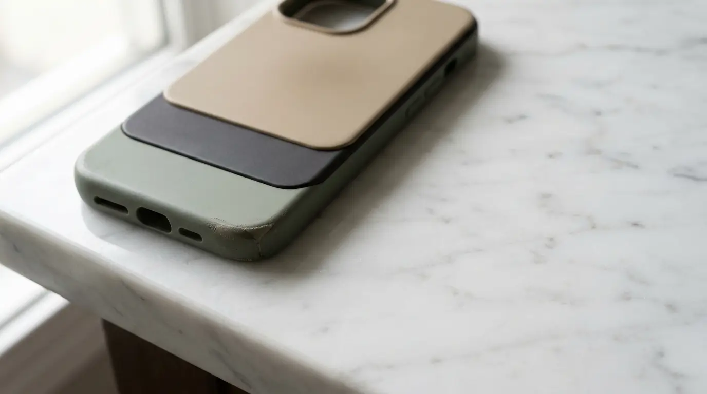 Dual-layer phone case on marble countertop with natural light from window