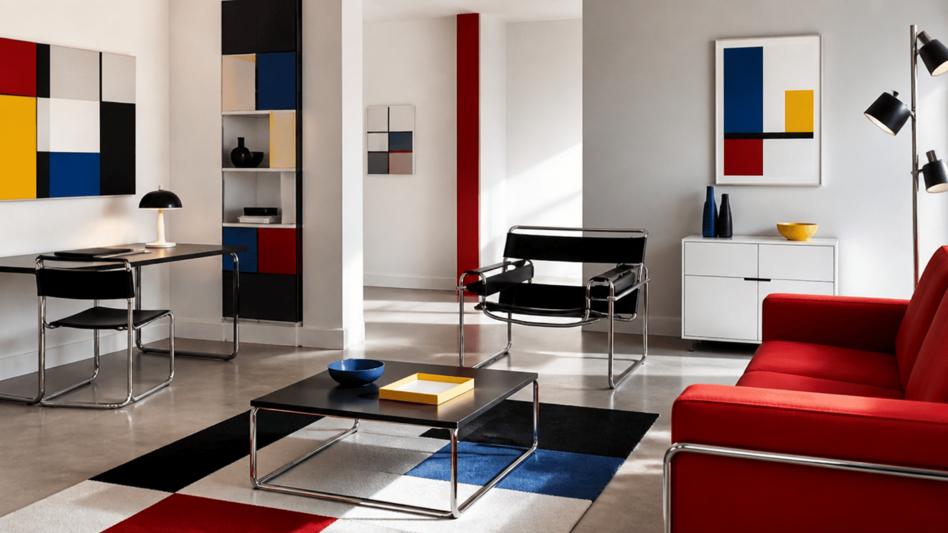 Room with Bauhaus furniture using red, blue, yellow accents with black, white, and gray tones
