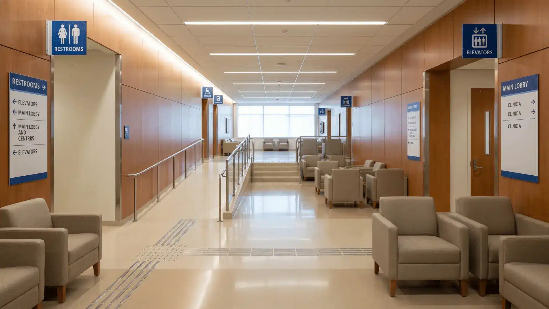 Public facility interior with wide hallways, seating areas, and accessible pathways.