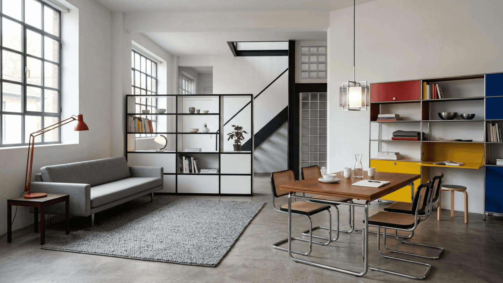 Bauhaus room with multi-functional furniture and lighting showing purposeful arrangement