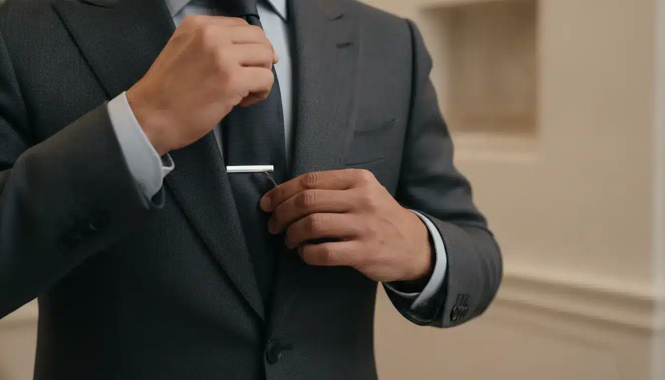 Man adjusting tie and tie clip on dark gray suit in formal setting