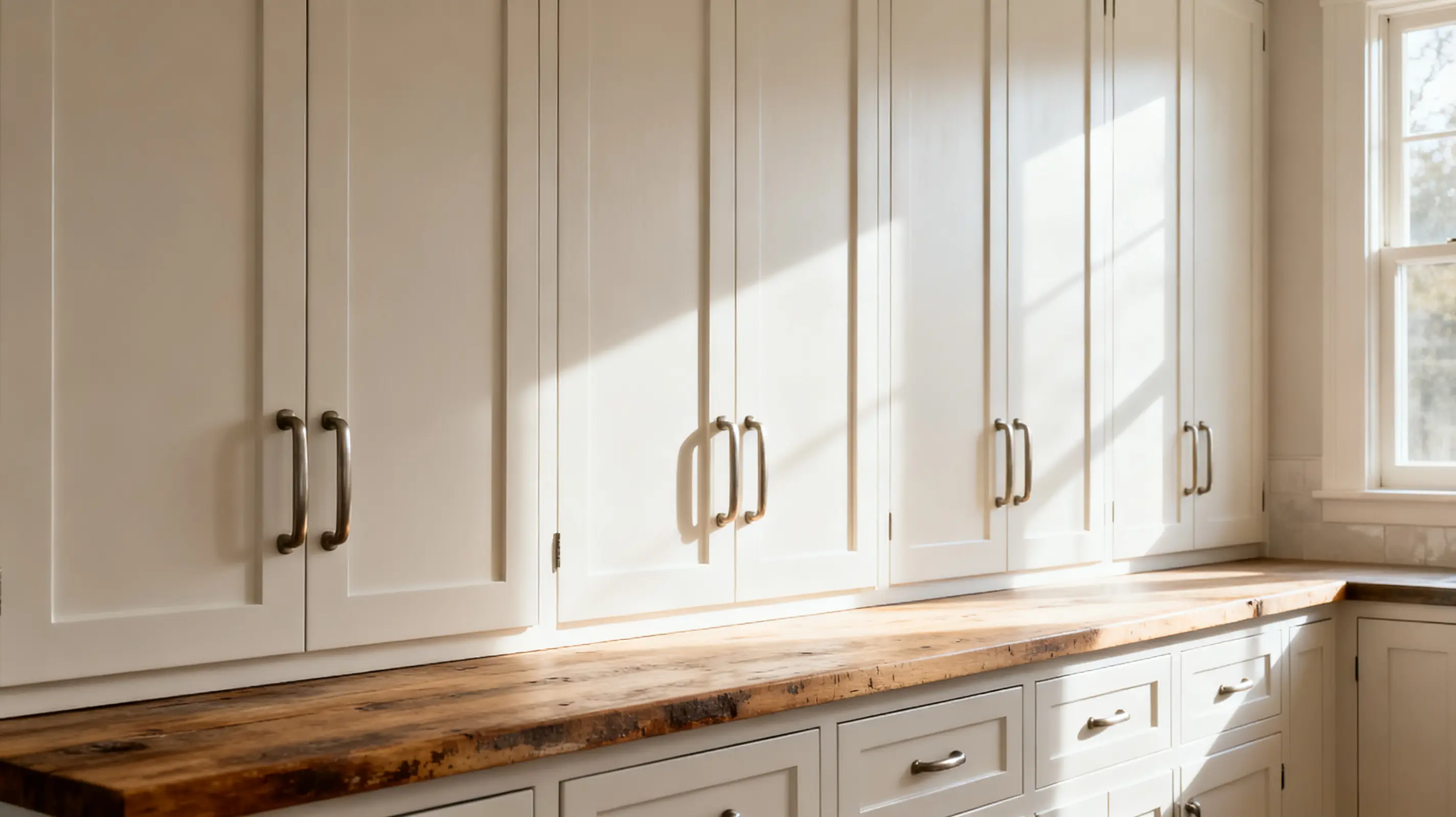 White kitchen cabinetry with wooden countertop and metal handles under natural light