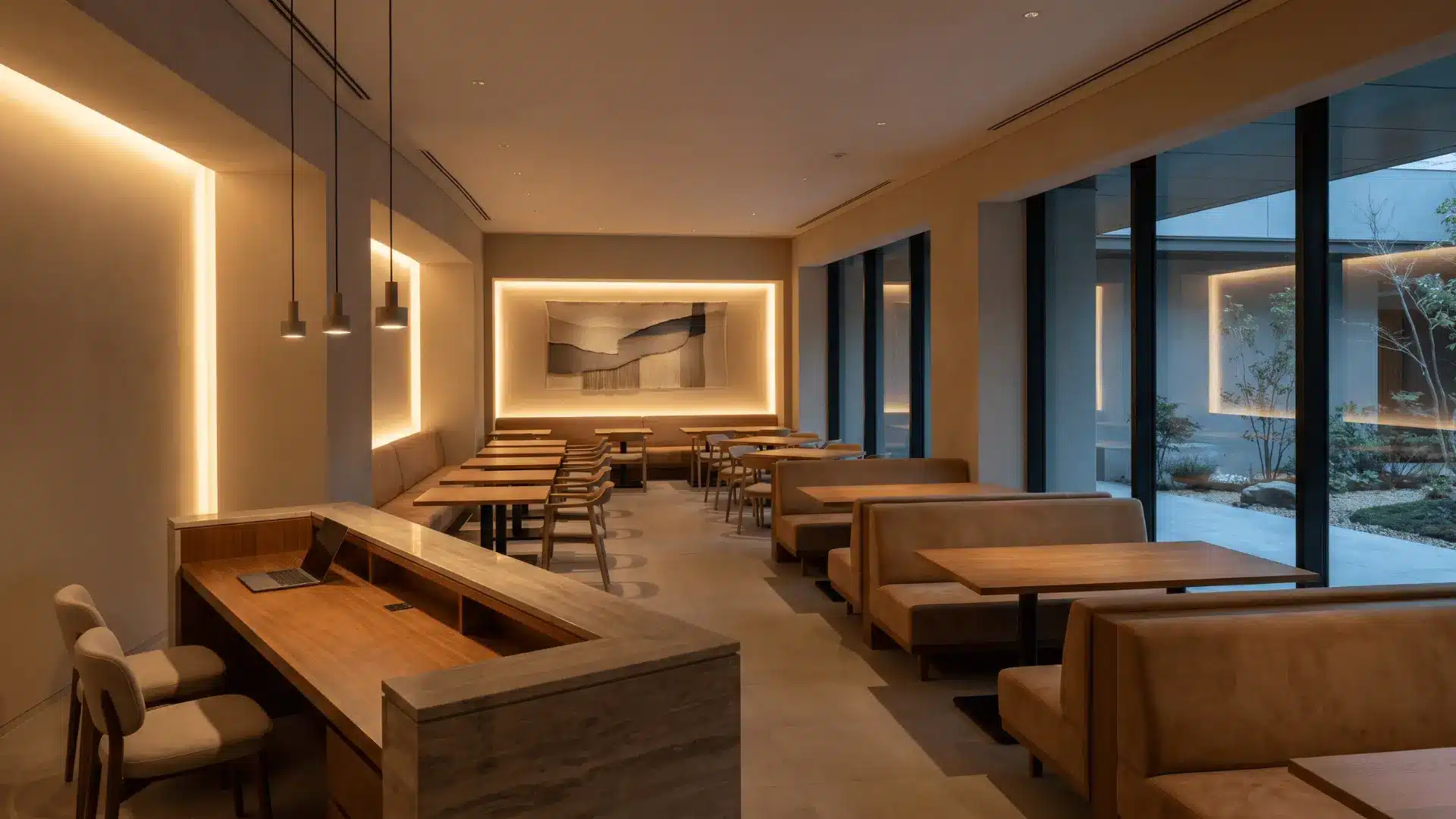 Restaurant and hotel interior with booth seating, dining tables, and reception area.