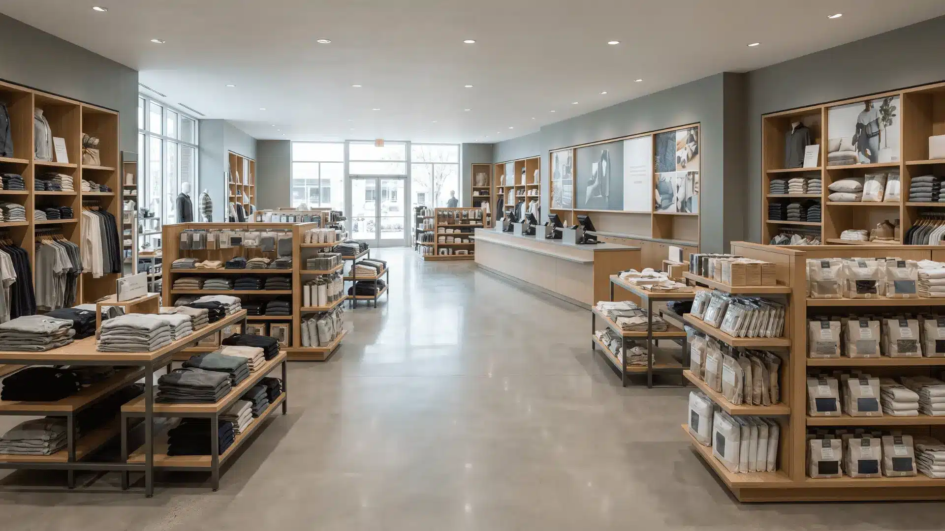 Retail store interior with product displays, wide walkways, and checkout counter.