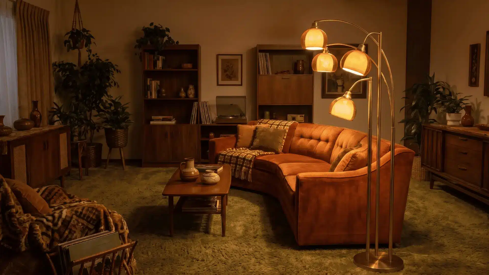Retro 70s living room with brass floor lamp creating warm lighting
