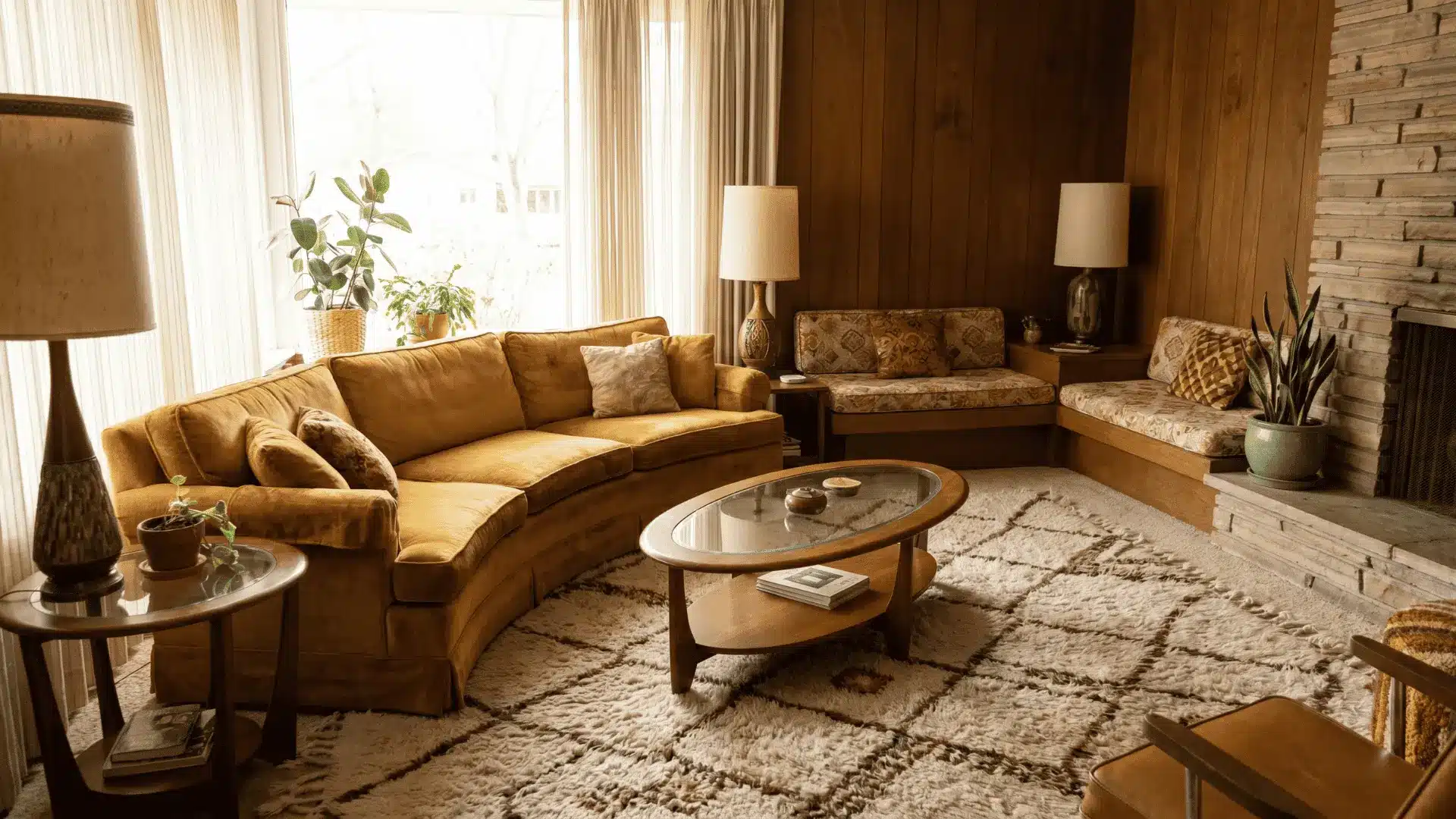 Retro 70s living room with curved low-profile furniture