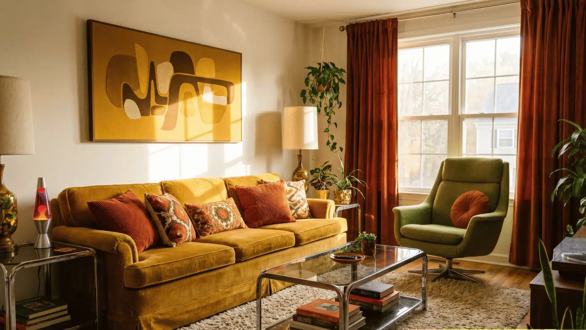 Retro 70s living room with earthy color palette and warm vintage tones