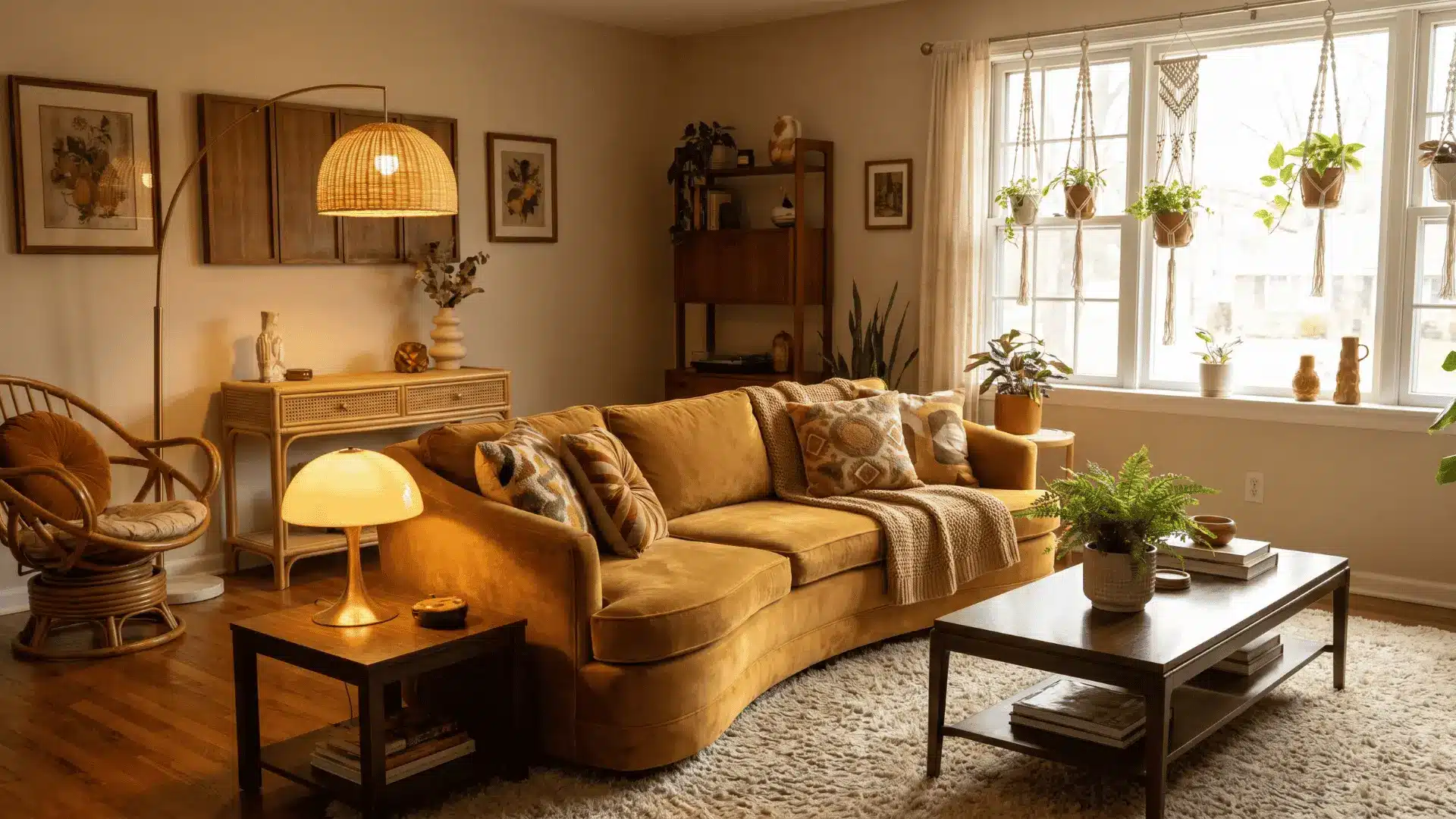 Retro 70s living room with warm colors, wood furniture, soft lighting, and natural textures