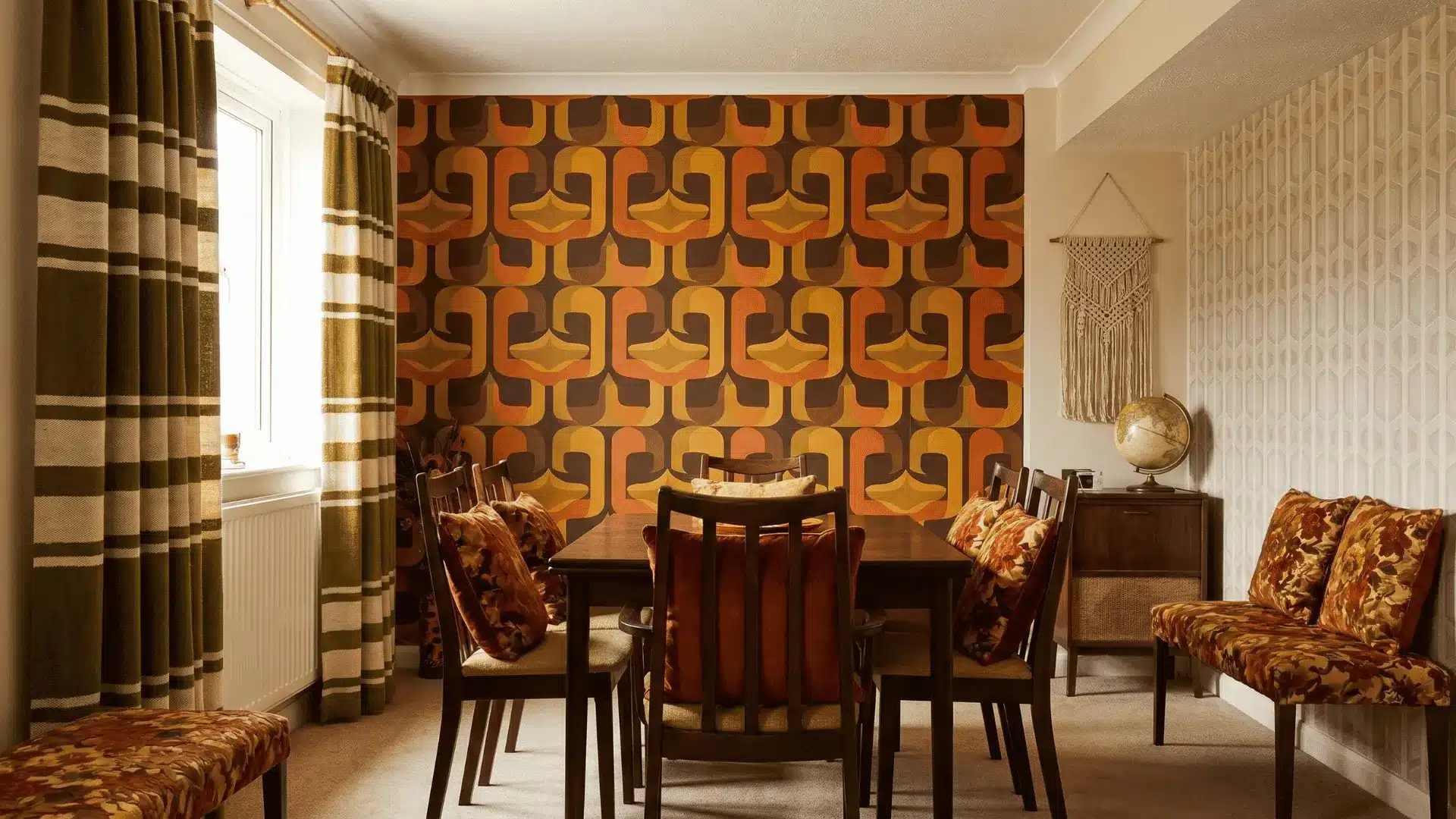 Retro 70s room with bold wallpaper and patterned décor