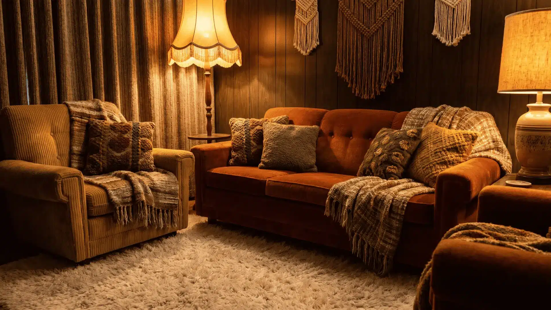 Retro 70s room with velvet sofa and layered cozy textures (1)