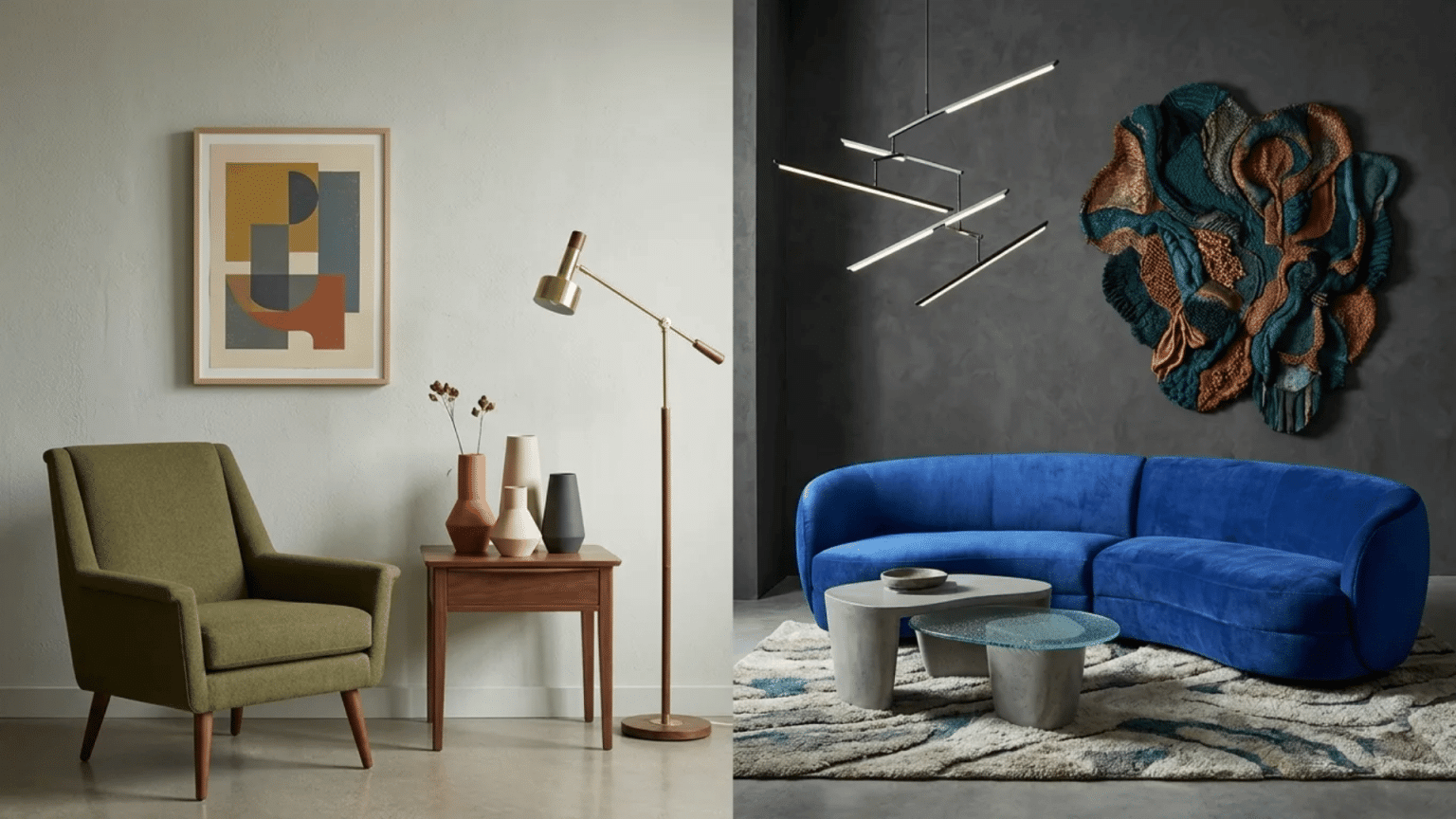 Side-by-side comparison of modern and contemporary living room styles with distinct furniture, lighting, and decor elements.