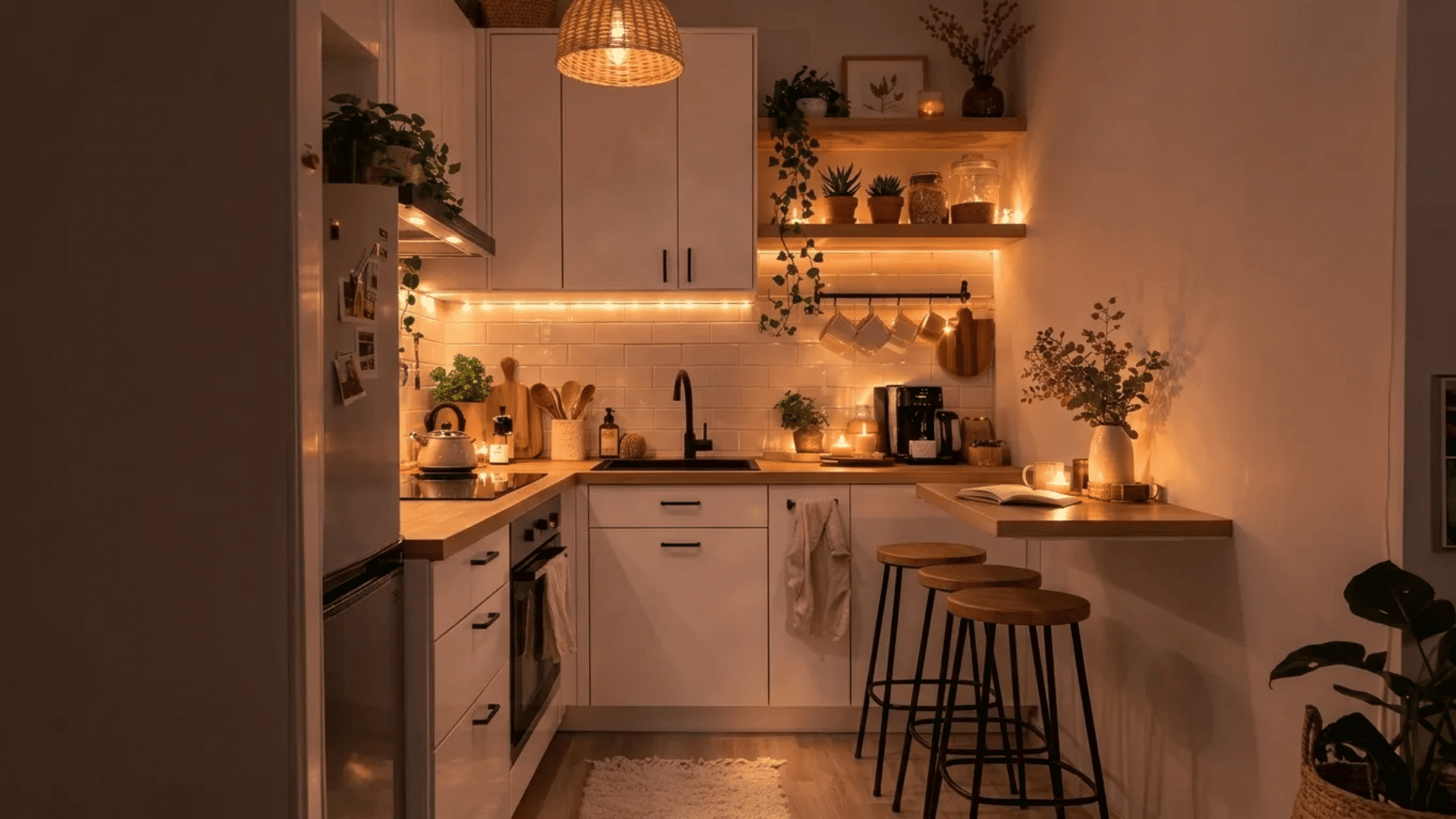 Small apartment kitchen with warm lighting, open shelving, cozy décor, and smart space-saving details that make the space feel stylish and inviting.