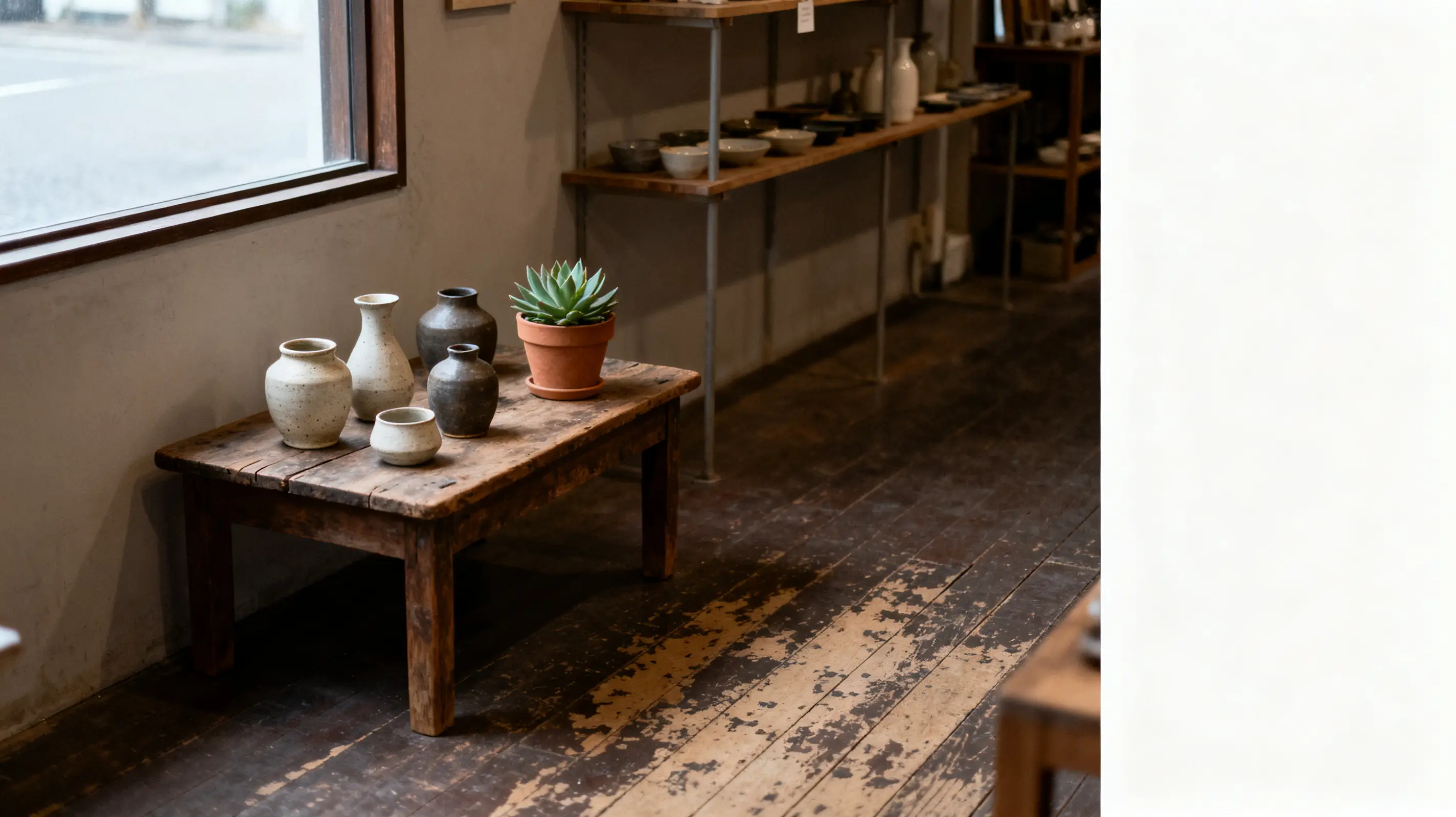 Ceramic vases and potted succulent on rustic wooden table in cozy interior shop setting