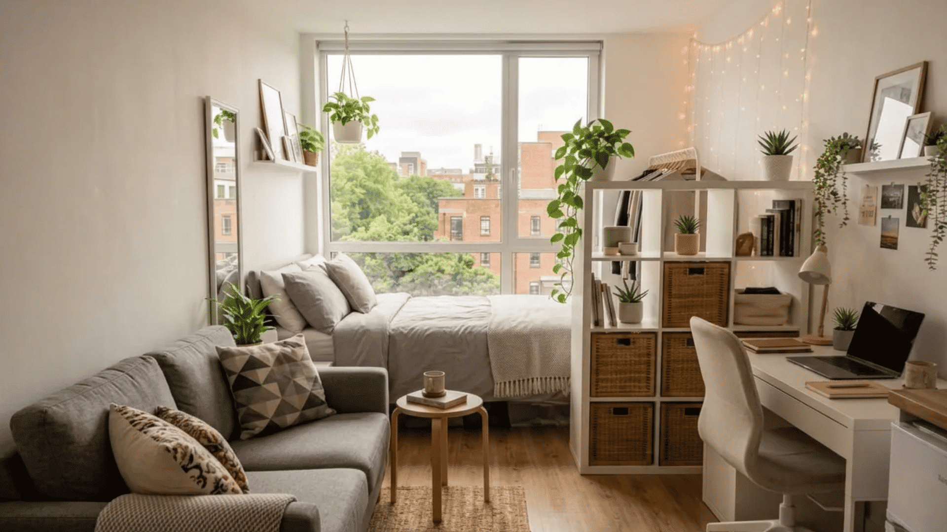 Small studio apartment with smart space-saving furniture, cozy neutral décor, natural light, and functional zoning that keeps the space open and organized.