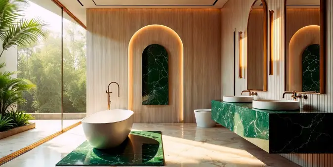 Luxurious bathroom with freestanding tub and green marble accents in natural light setting