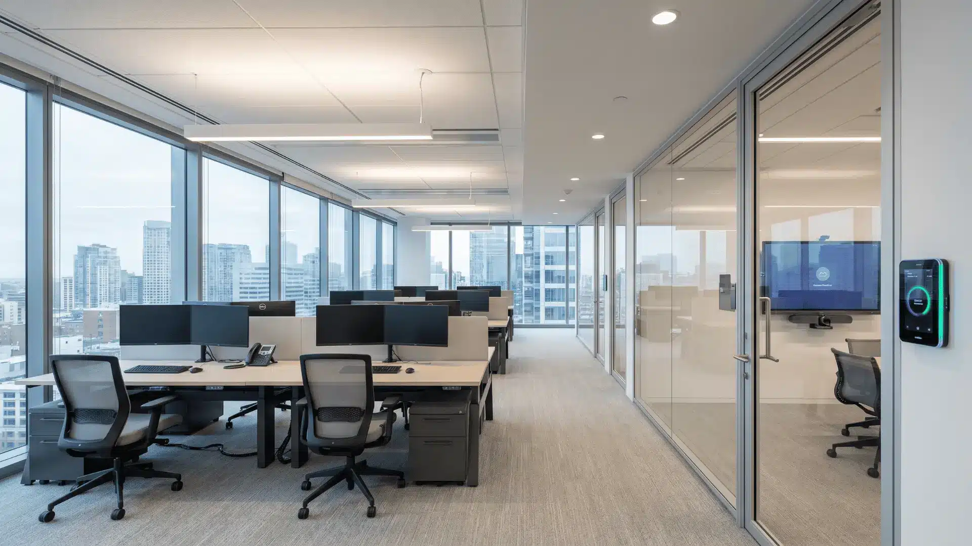 Smart office interior with automated lighting, meeting room technology, and workstations.