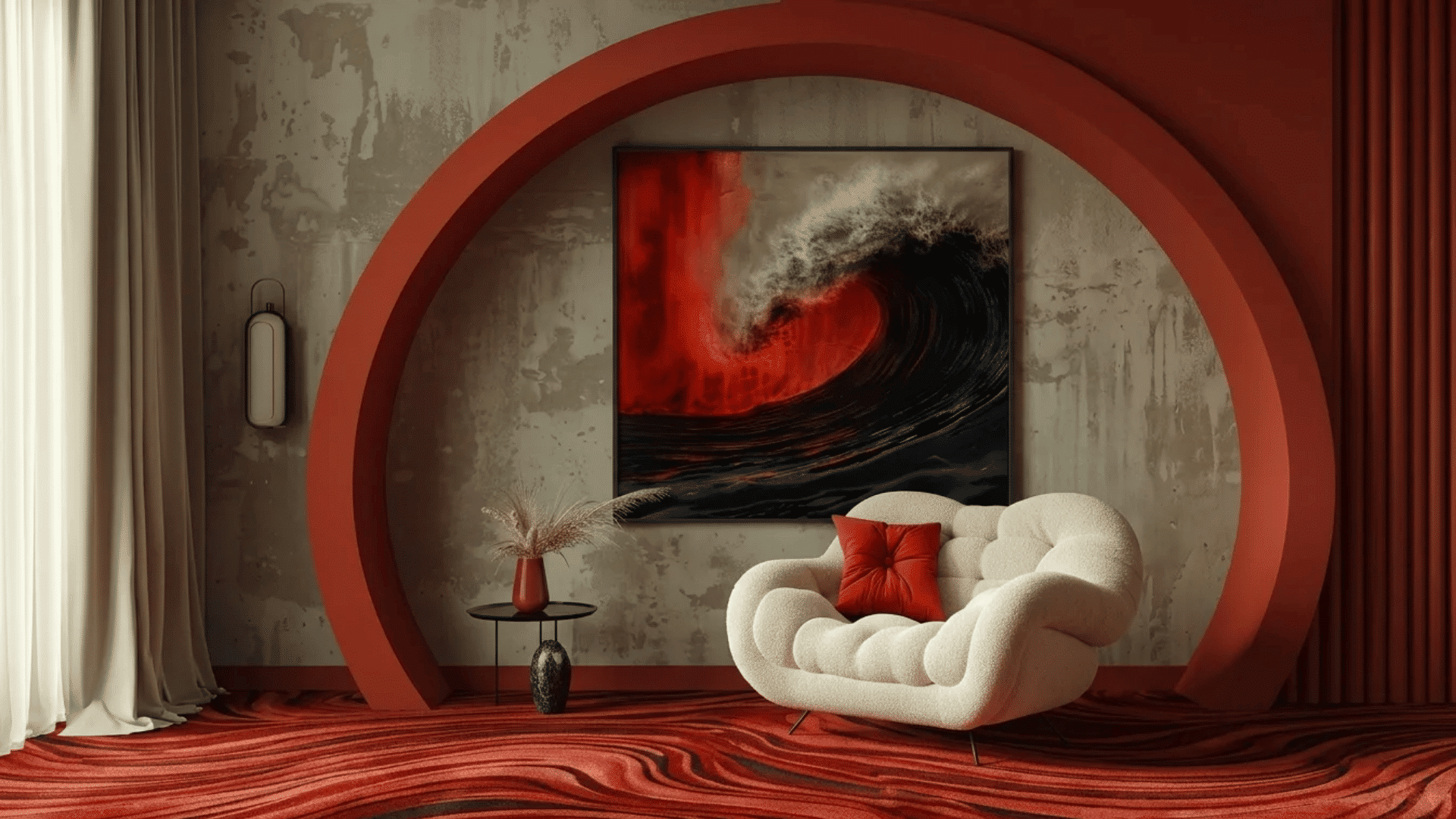 Statement interior corner with bold red arches, textured walls, sculptural seating, and dramatic abstract artwork creating a strong focal point and high visual contrast.