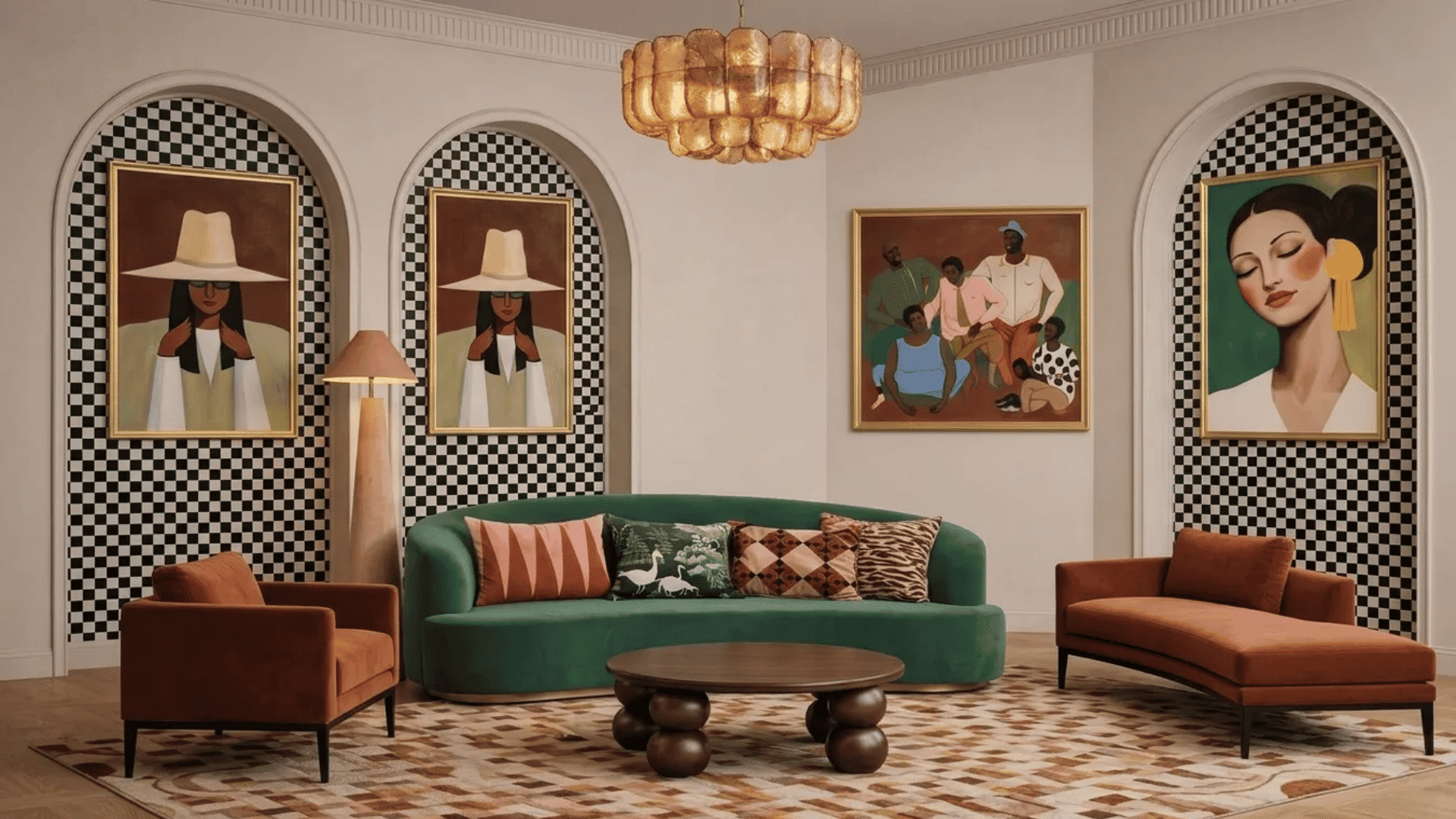 Stylish living room with bold artwork, checkered wall accents, a curved green sofa, warm-toned chairs, patterned pillows, and a modern chandelier.