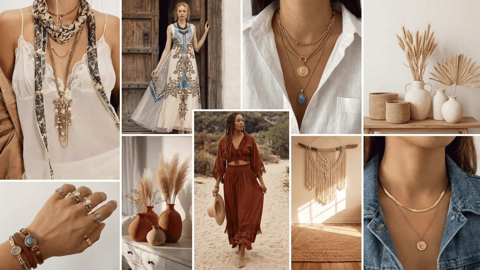 The image showcases a collection of boho-chic fashion, jewelry, and home décor items, highlighting a blend of earthy tones, unique accessories, and relaxed, eclectic style.