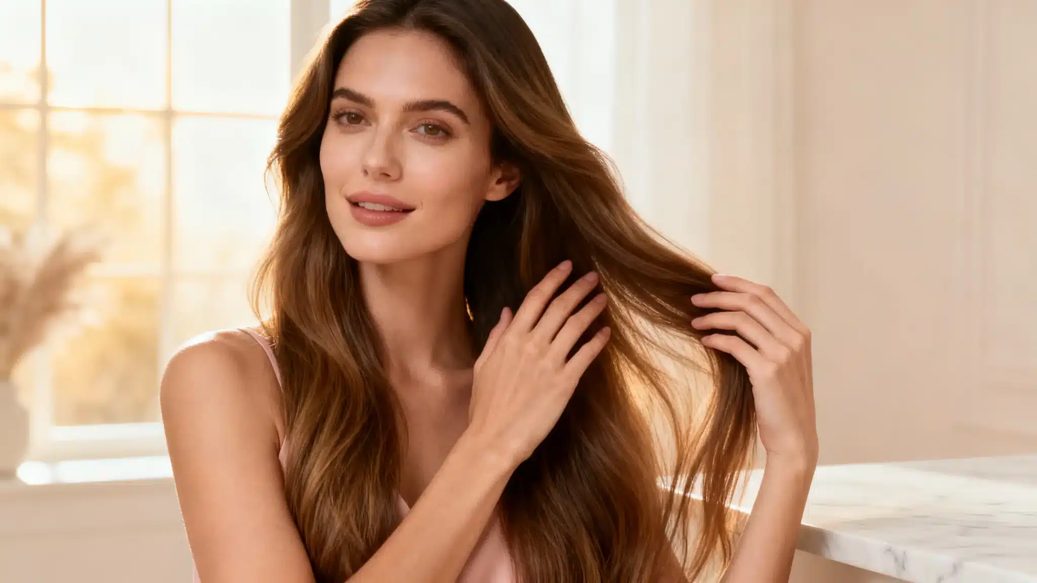 Woman with long brown hair in softly lit room touching her hair