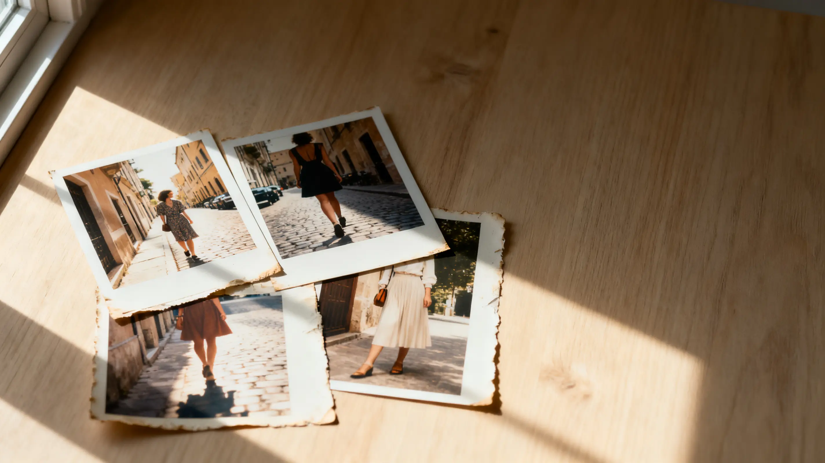 Vintage photographs scattered on wooden surface under soft daylight