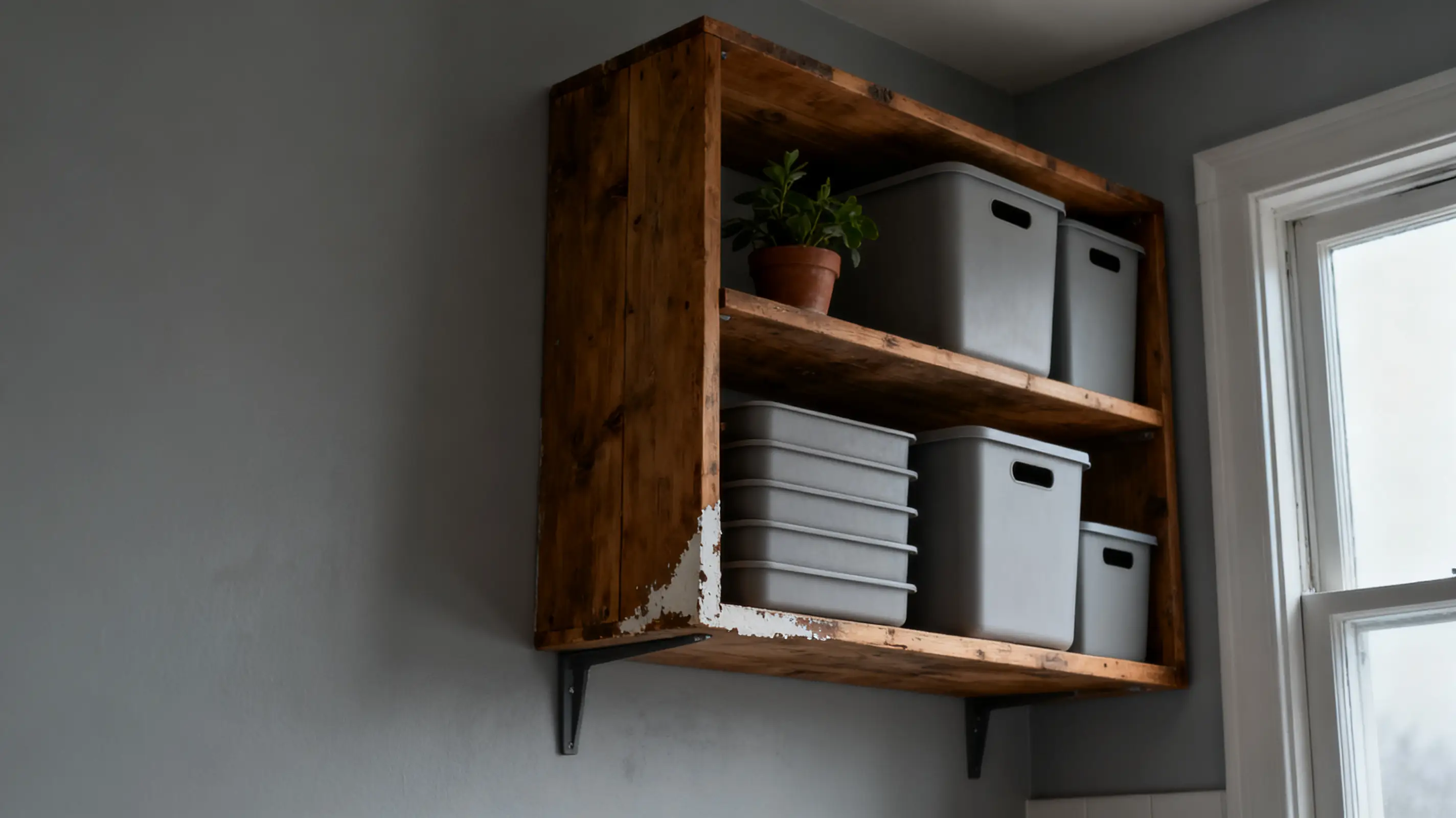 Wooden kitchen shelf with gray storage bins and small potted plant next to window