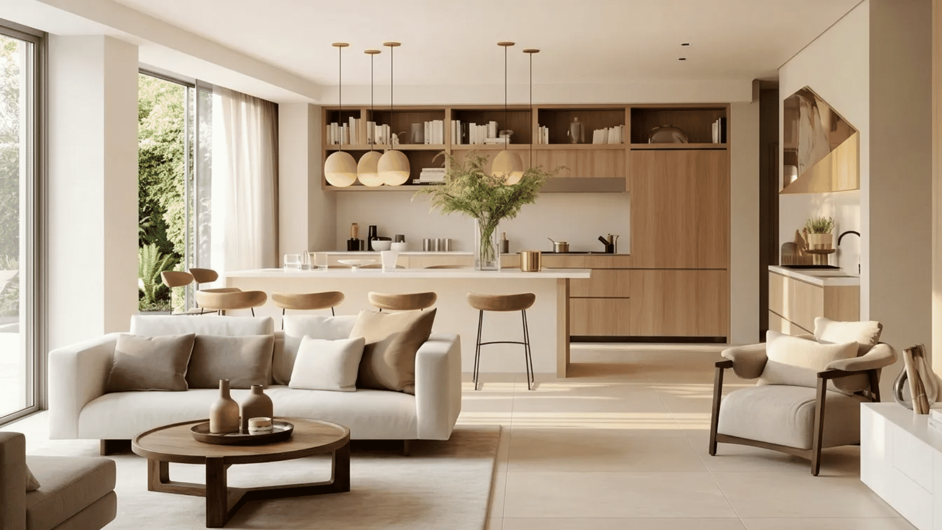 Warm modern apartment interior with soft neutrals, natural wood accents, layered lighting, and an open layout that feels bright, calm, and spacious.