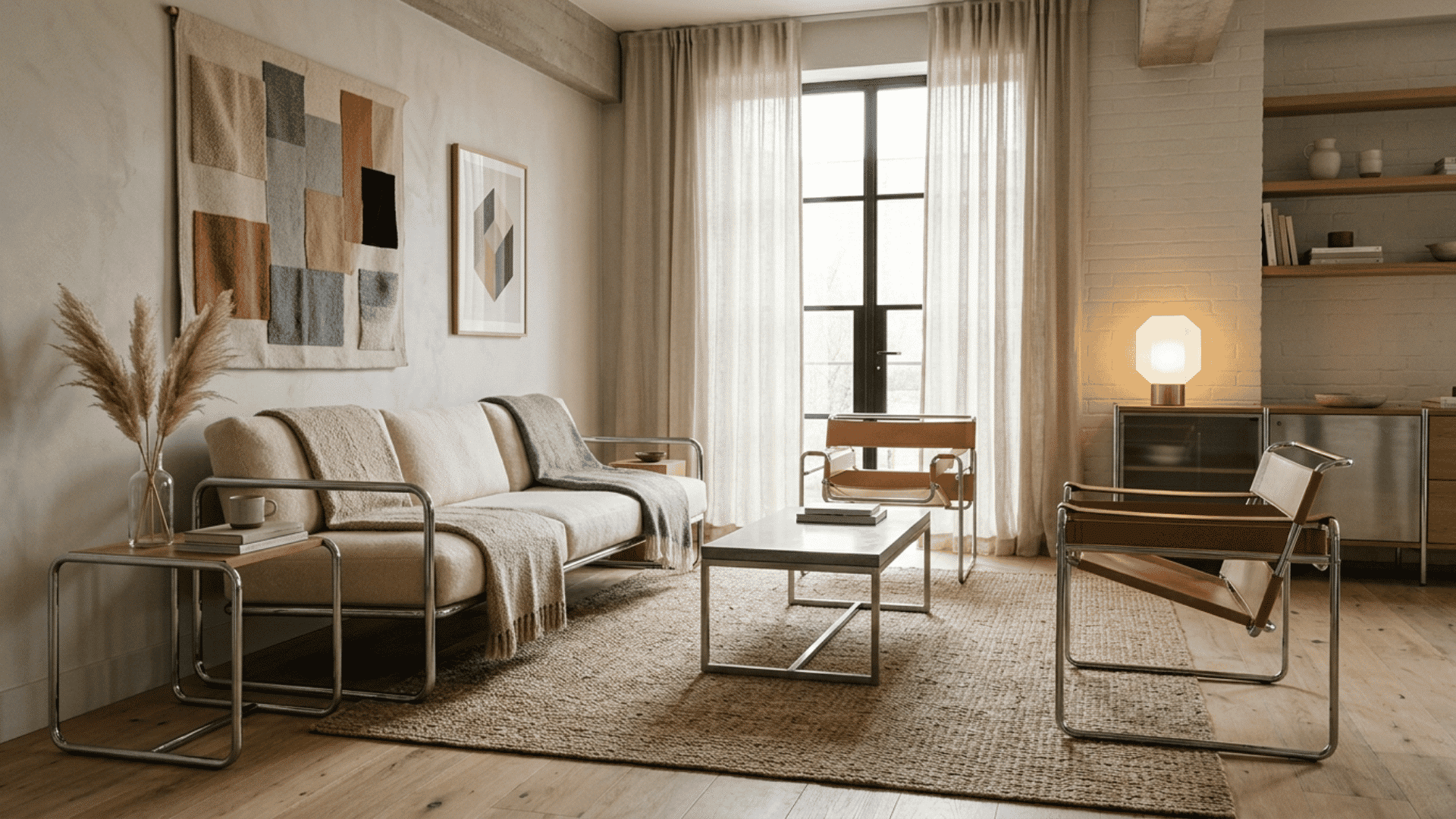 Bauhaus room with textiles, soft lighting, and natural materials warming minimalist metal furniture