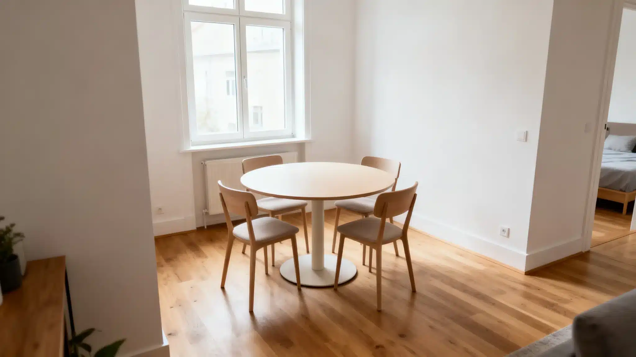 Round wooden dining table with four chairs in a bright, minimalist room with wooden floors