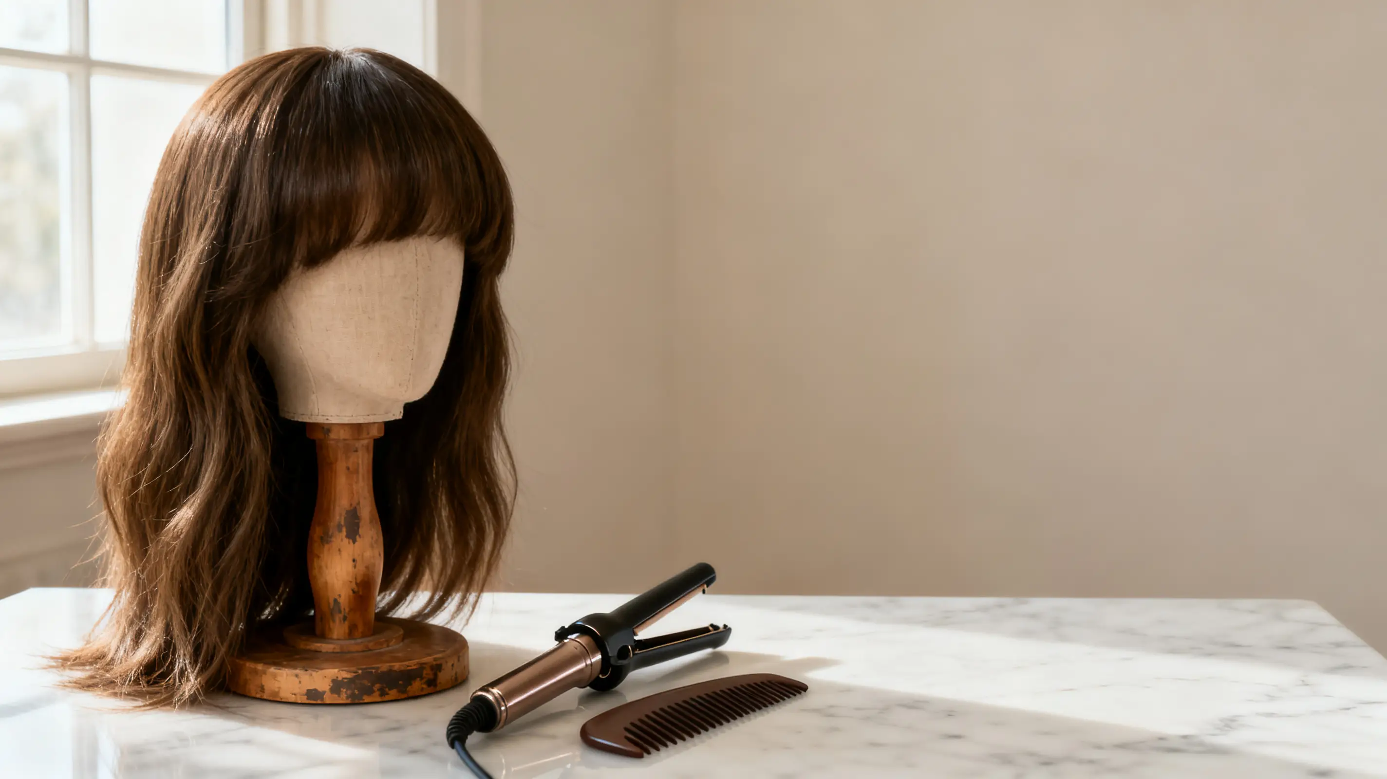 Wig on wooden stand beside curling iron and comb on marble surface in bright room