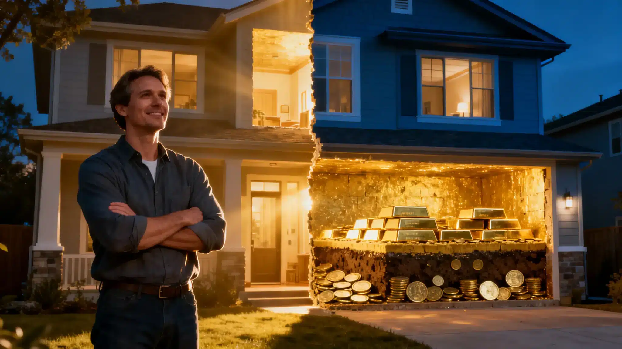 Man standing beside a house with gold bars and coins inside a glowing garage
