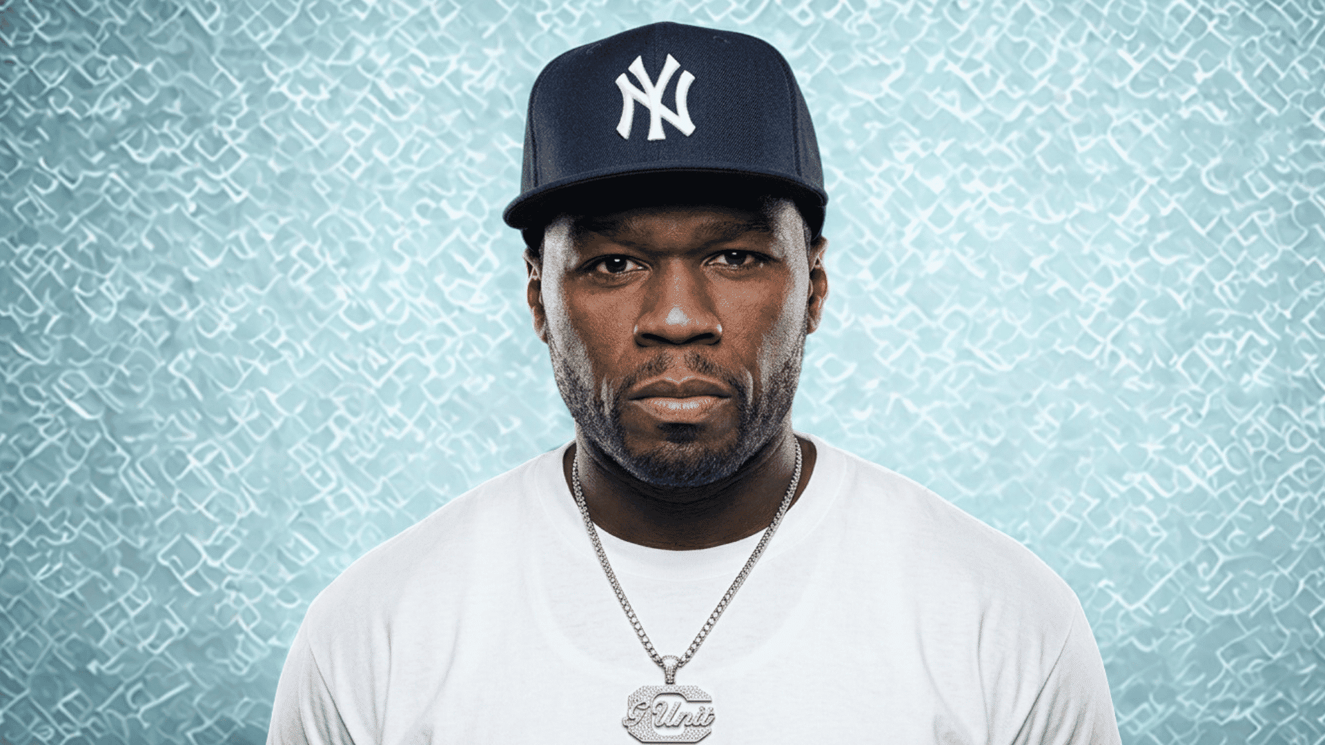 50 Cent portrait wearing a cap and chain necklace
