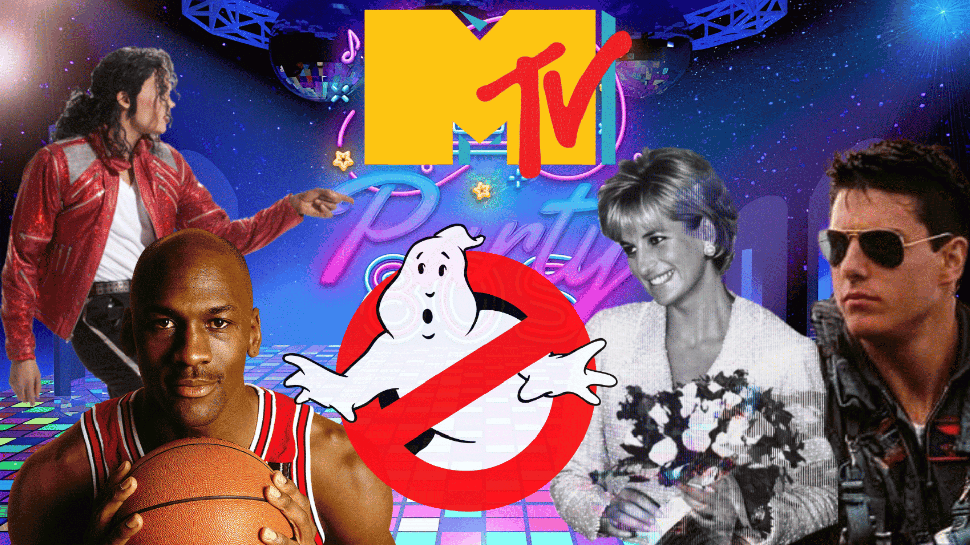 People, a basketball, and a cartoon ghost graphic with MTV and retro dance floor elements in the background.