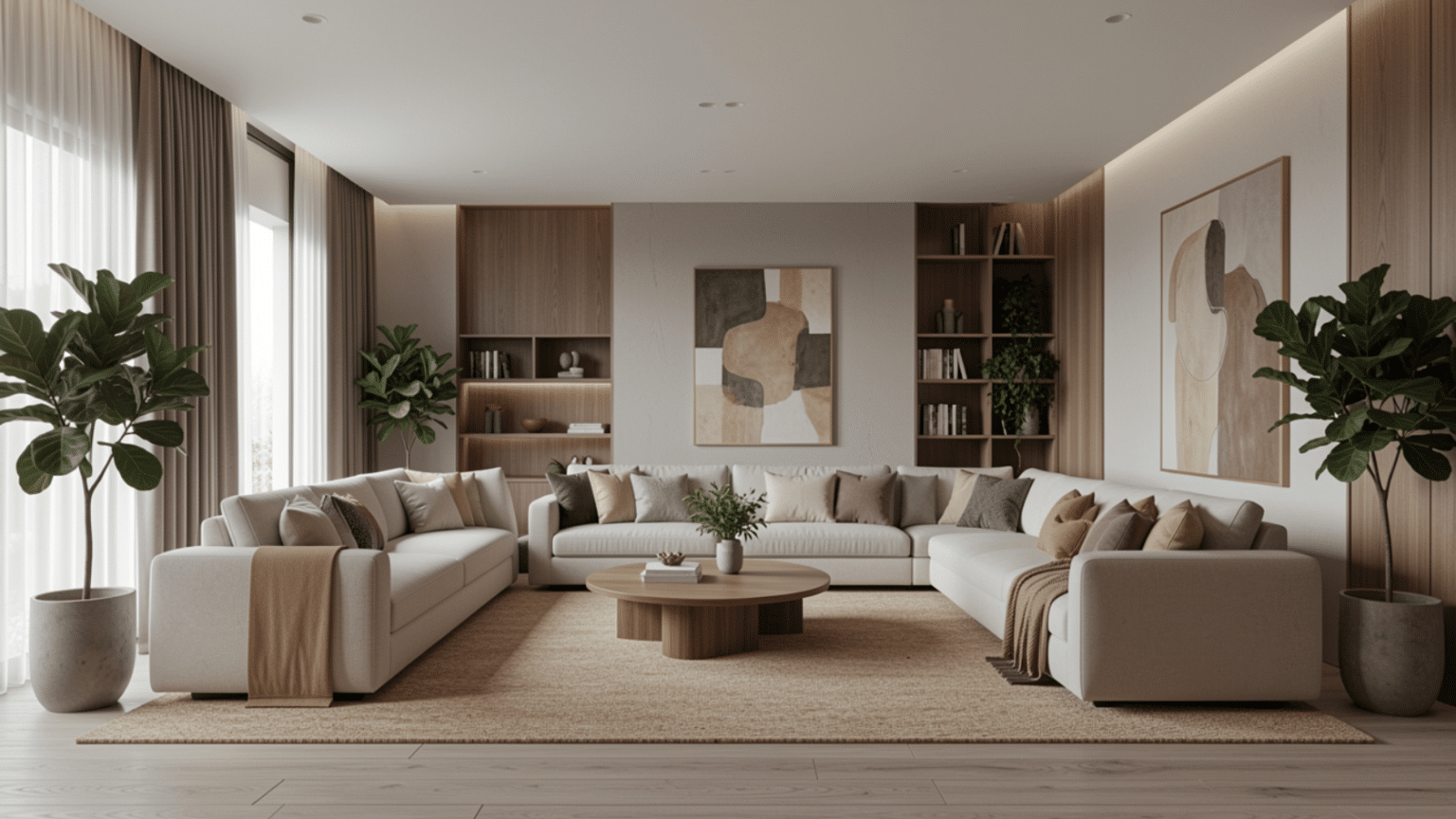 Living room showing repetition in interior design through repeated colors, shapes, and materials guiding visual flow.